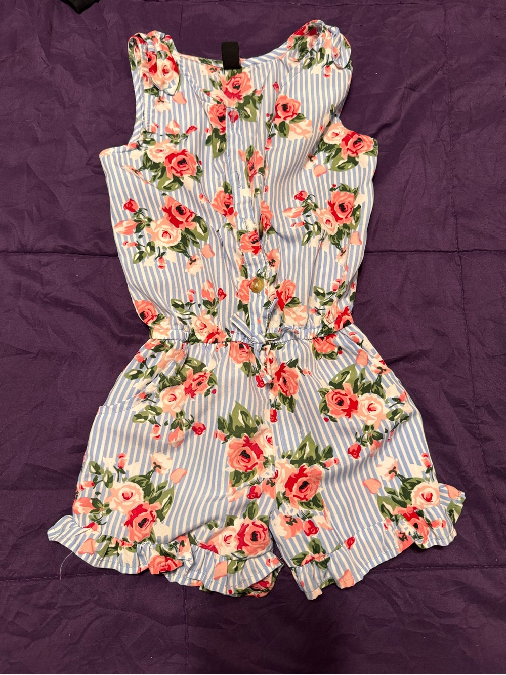 Girls Floral Stripe Romper - Blue & Pink
